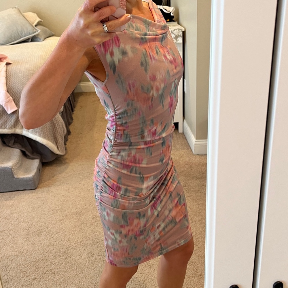 Steve Madden Watercolor Ruched Cowl-Neck Midi Dress in Pink, Gray and Teal - Picture 6 of 6